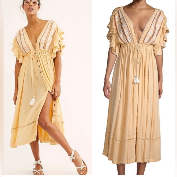 Free People Will Wait For You Yellow V Neck Floral Ruffle Boho Midi Dress SZ XS - Picture 2 of 12